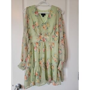 Lumiere Lught Green Floral Long Sleeve Cold Shoulder Tiered Dress